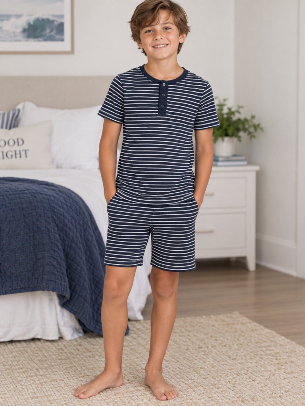 Petite Plume Boys Pima Cotton Striped Pajama Set Navy Blue Shorts Size 12